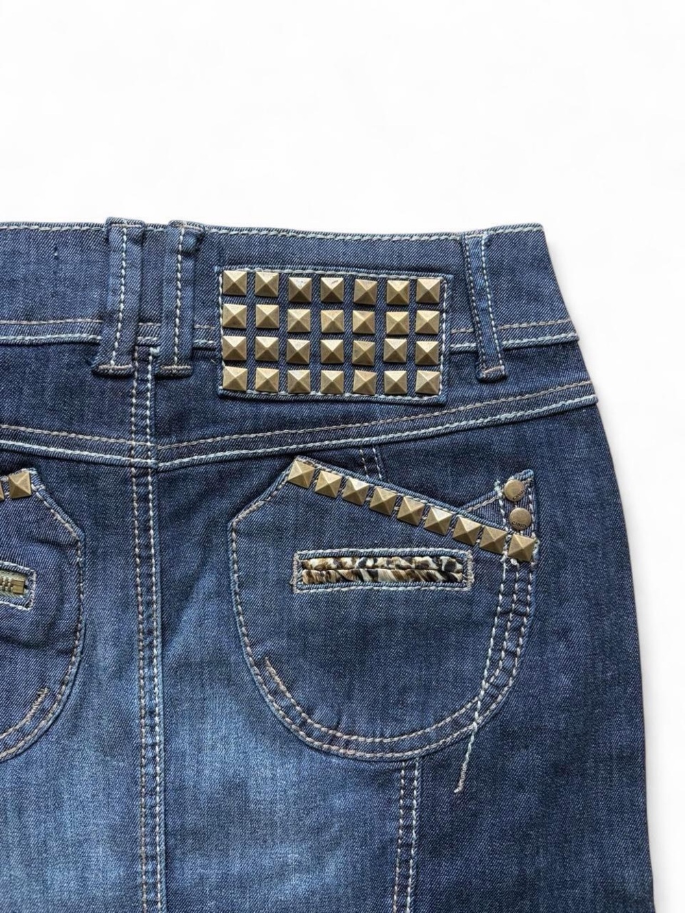 Vintage Y2K studded denim mini skirt zipper rhinestone S like diesel miss sixty - Picture 8 of 11